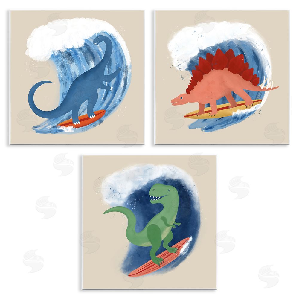 Carrie Cantwell Dinos Surfing Beach Waves Wooden Wall Plaque Art Print