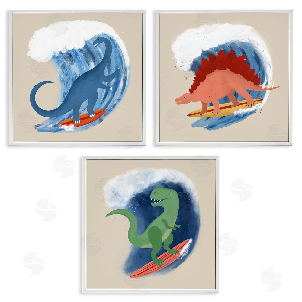 Carrie Cantwell Dinos Surfing Beach Waves White Framed Giclee Wall Art Print