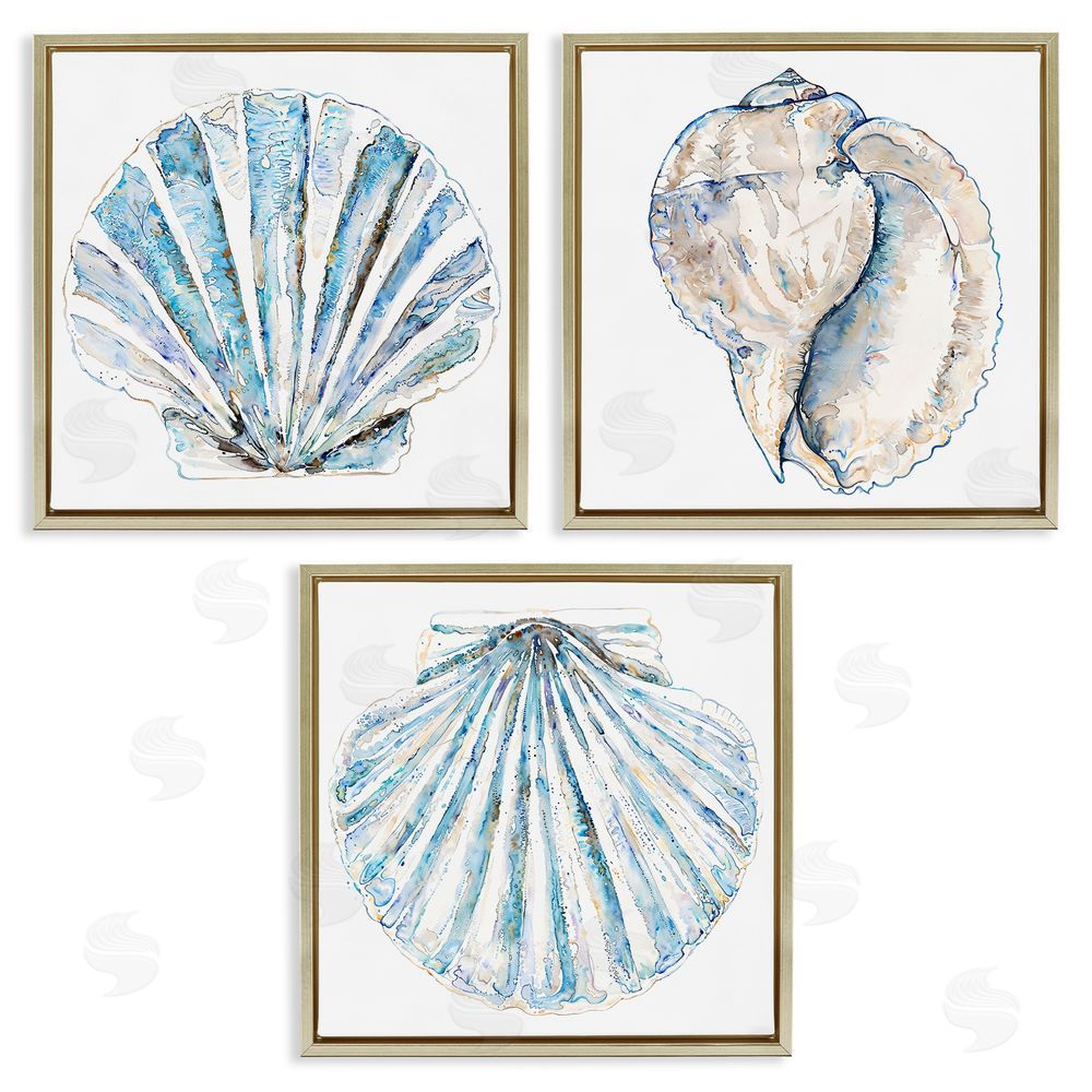 Christine Zalewski Clam & Conch Watercolors Gold Floating Frame Canvas Wall Art Print