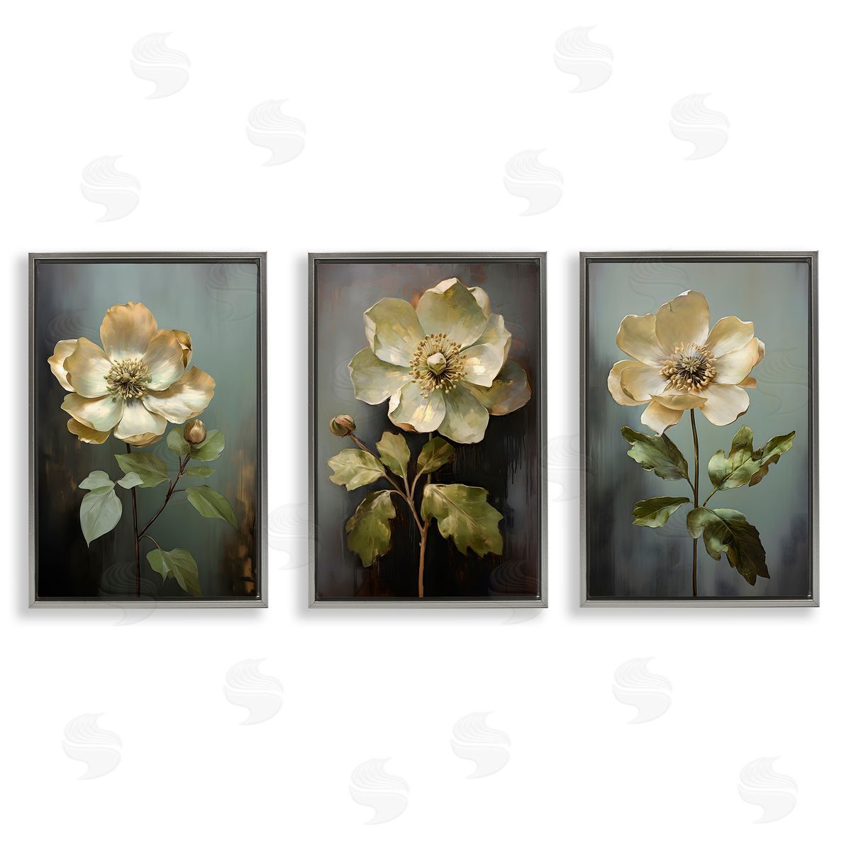 Detailed Magnolia Flowers Grey Floating Frame Canvas Wall Art, Home Decor by Petal Prints Design