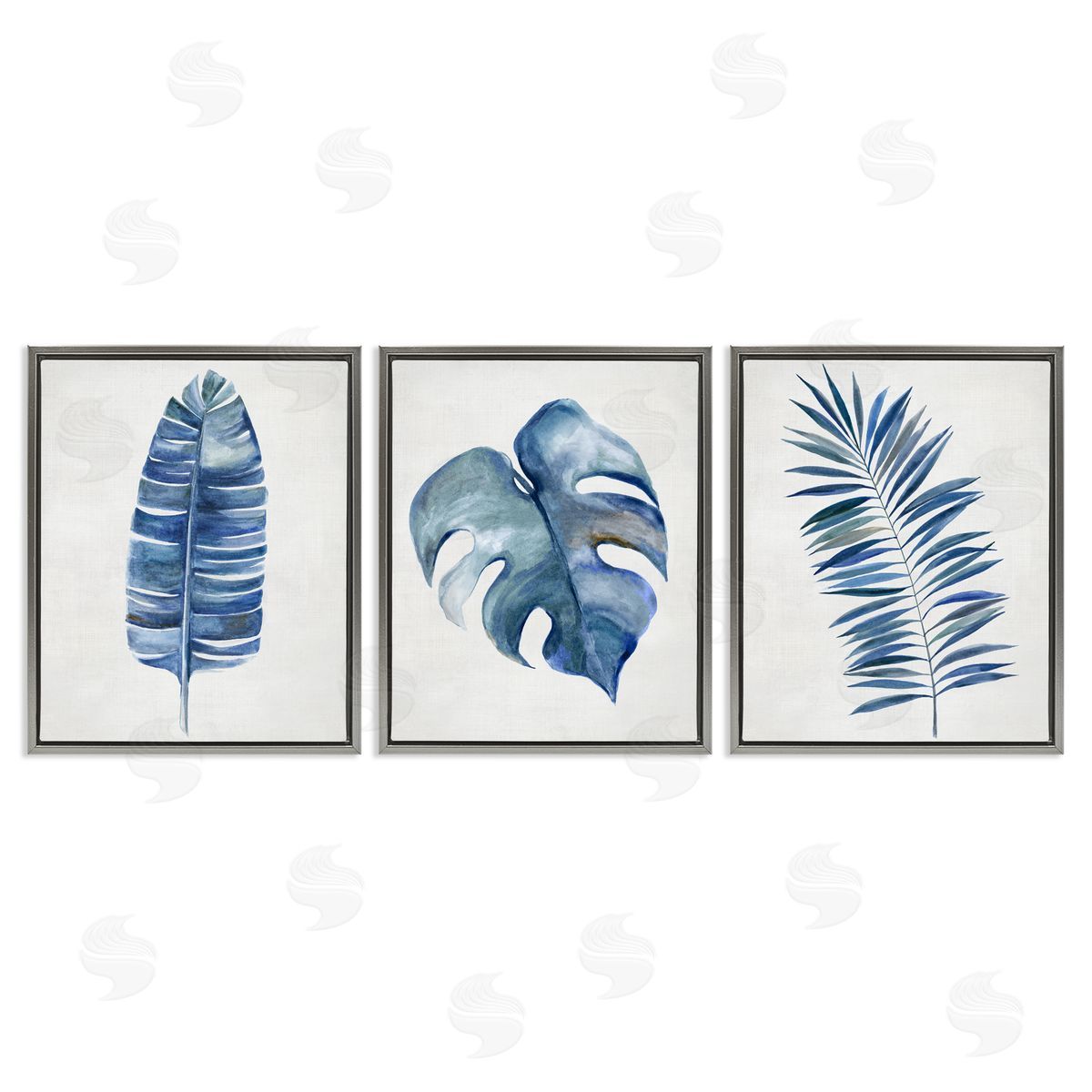 Vintage Tropical Leaves Grey Floating Frame Canvas Wall Art, Home Decor by Hannah Dawson