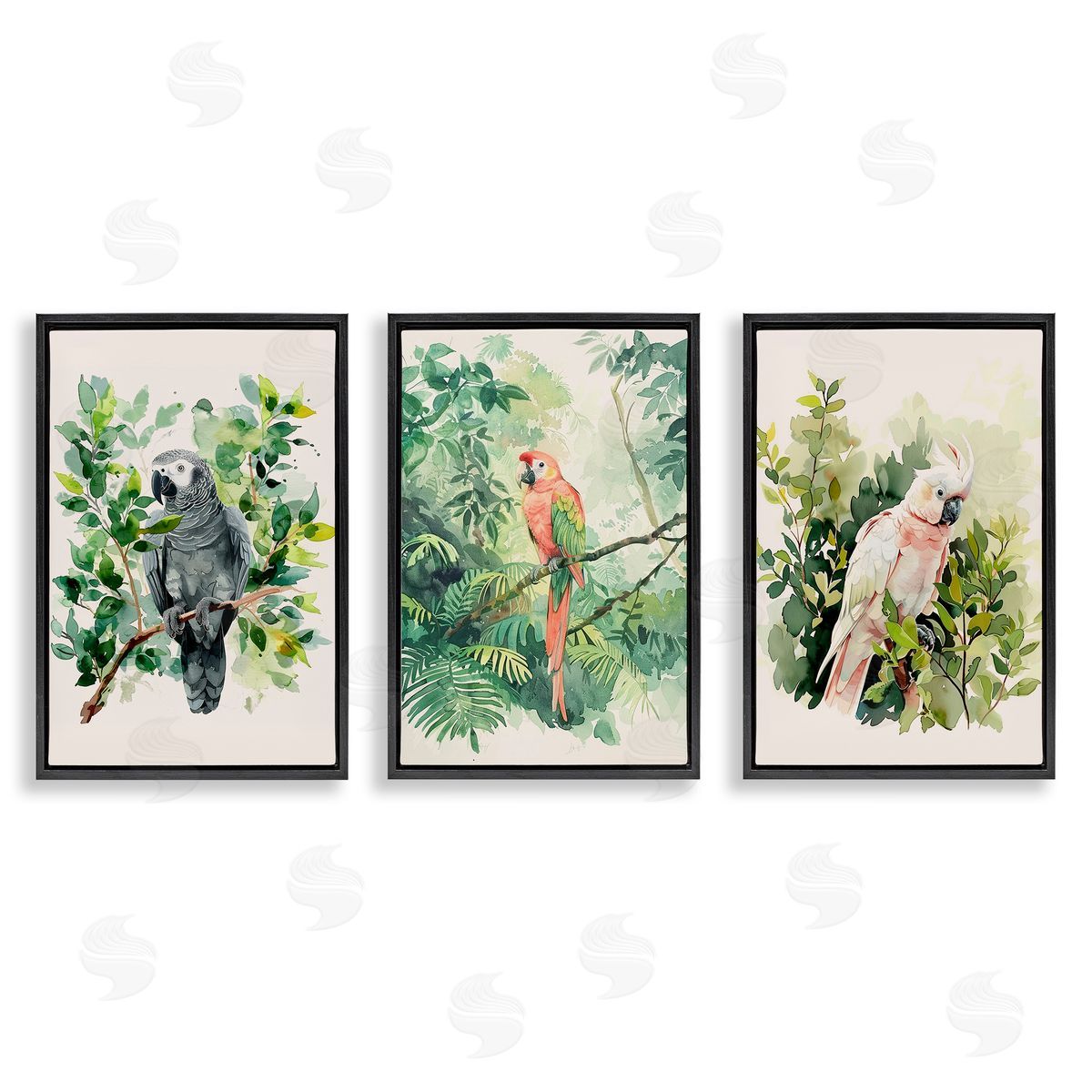 LSR Design Studio Tropical Parrots in Jungle Black Floating Frame Canvas Wall Art Print