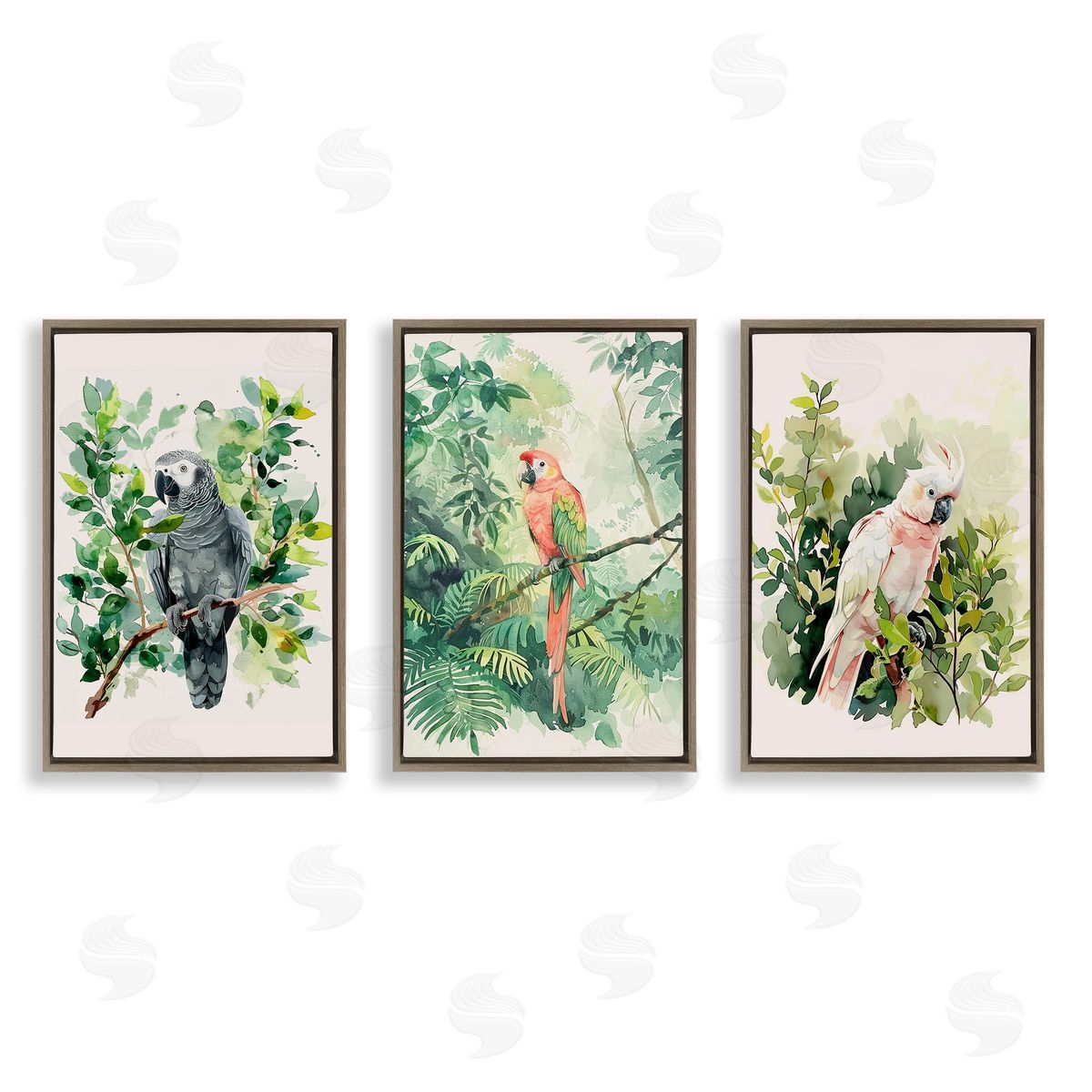 LSR Design Studio Tropical Parrots in Jungle Brown Floating Frame Canvas Wall Art Print