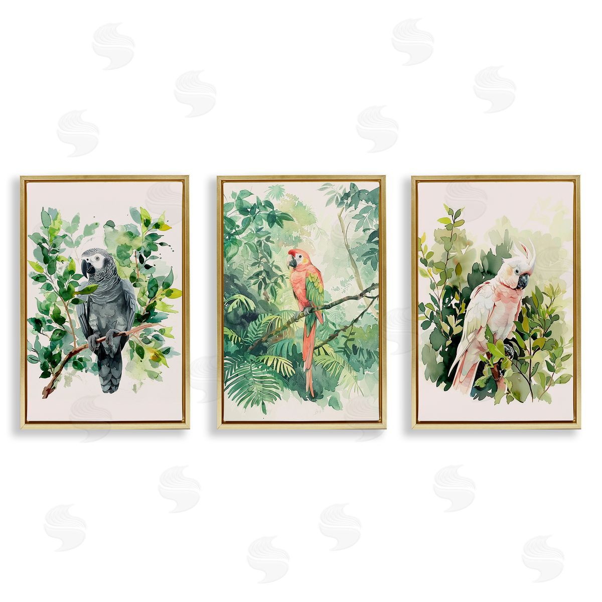 LSR Design Studio Tropical Parrots in Jungle Gold Floating Frame Canvas Wall Art Print