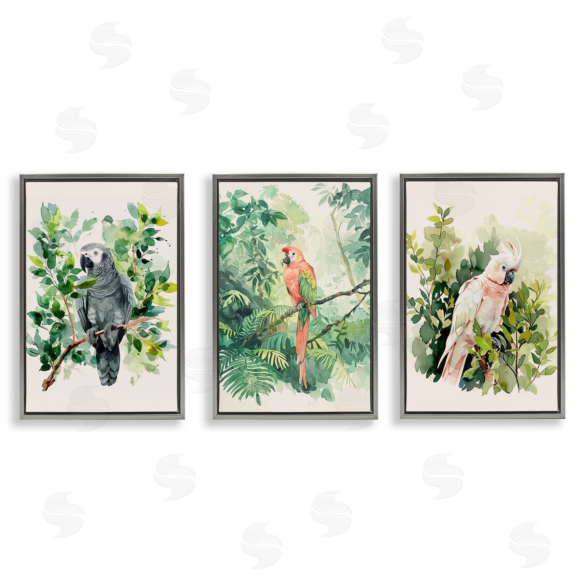 LSR Design Studio Tropical Parrots in Jungle Gray Floating Frame Canvas Wall Art Print