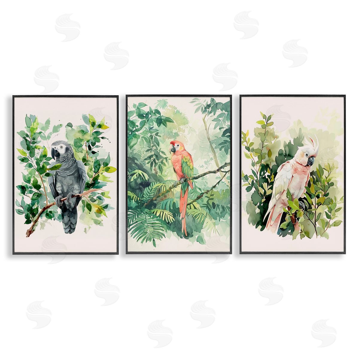 LSR Design Studio Tropical Parrots in Jungle Black Framed Giclee Wall Art Print