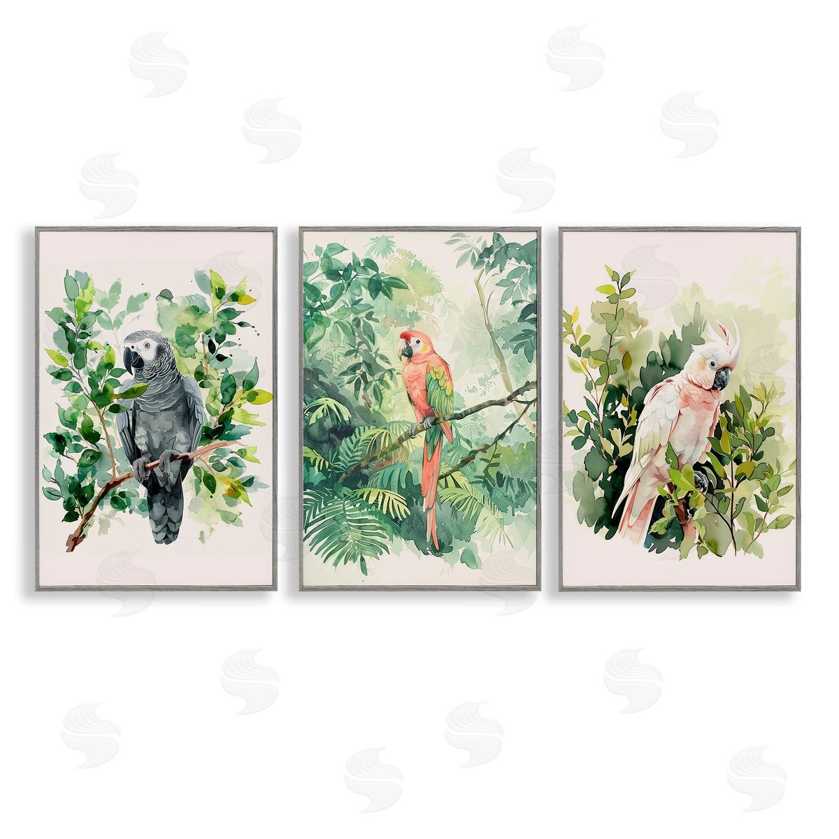 LSR Design Studio Tropical Parrots in Jungle Gray Framed Giclee Wall Art Print