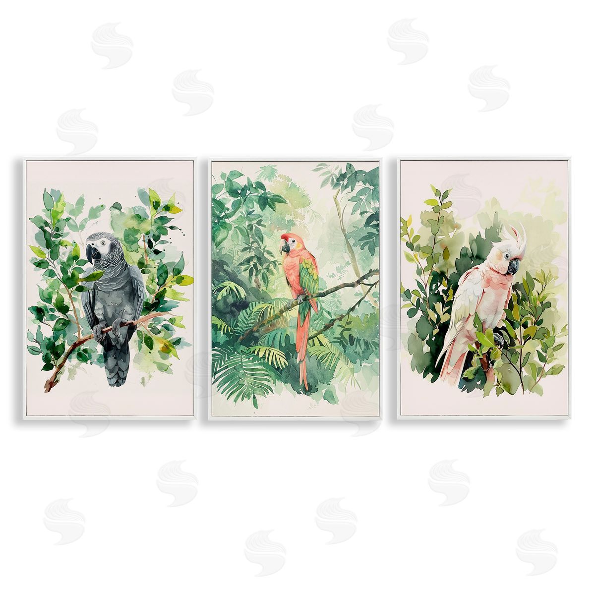 LSR Design Studio Tropical Parrots in Jungle White Framed Giclee Wall Art Print