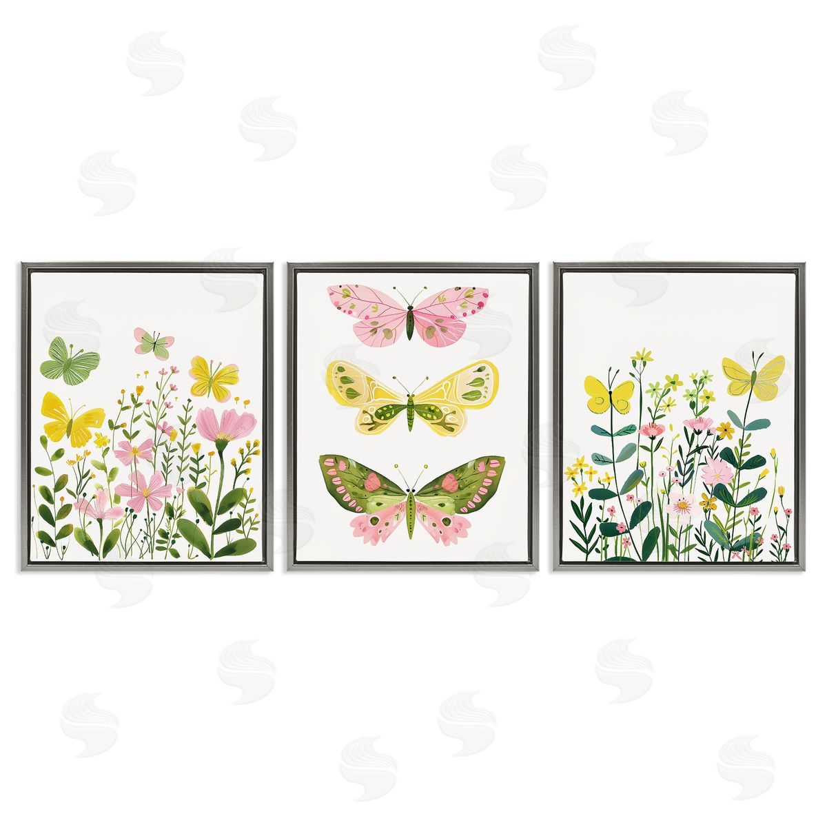 LSR Design Studio Playful Butterflies and Florals Gray Floating Frame Canvas Wall Art Print