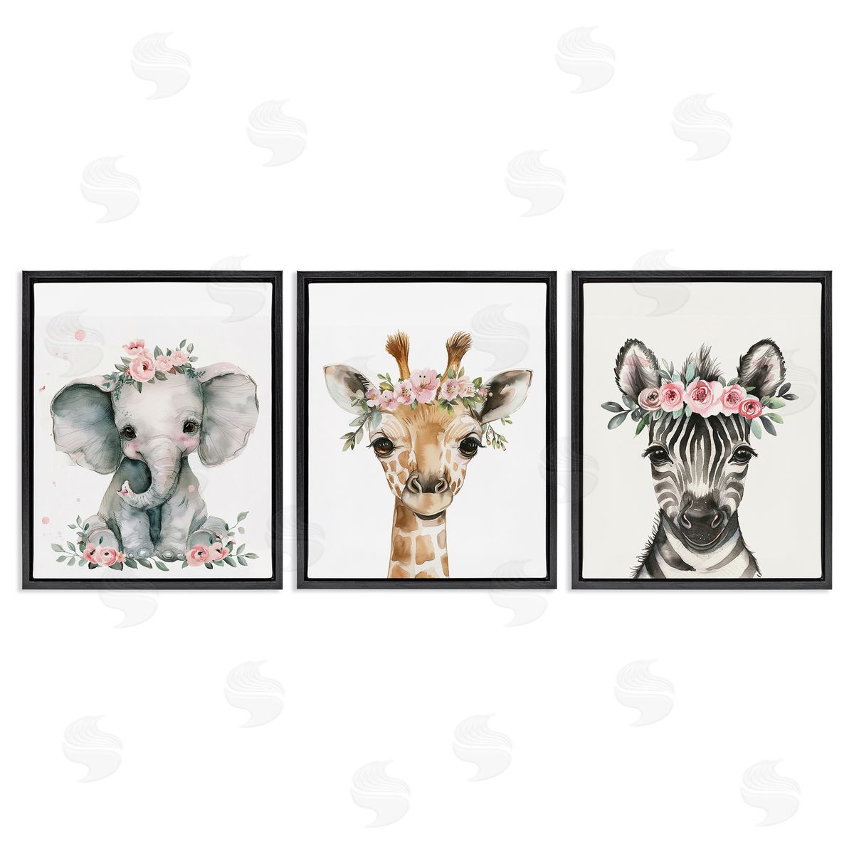 LSR Design Studio Pink Rose Jungle Animals Black Floating Frame Canvas Wall Art Print