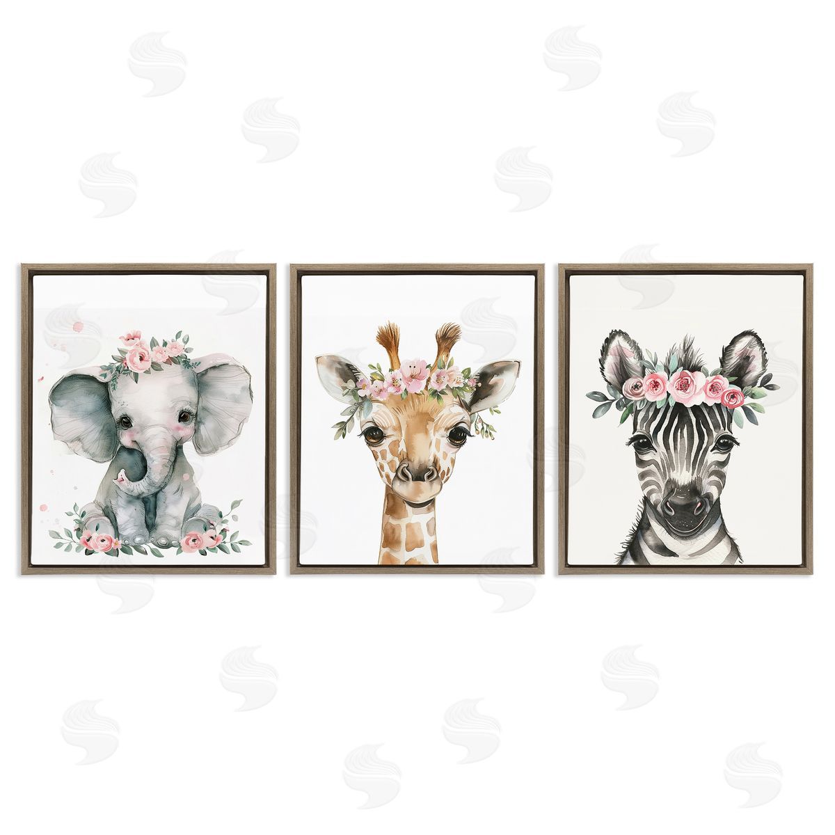LSR Design Studio Pink Rose Jungle Animals Brown Floating Frame Canvas Wall Art Print