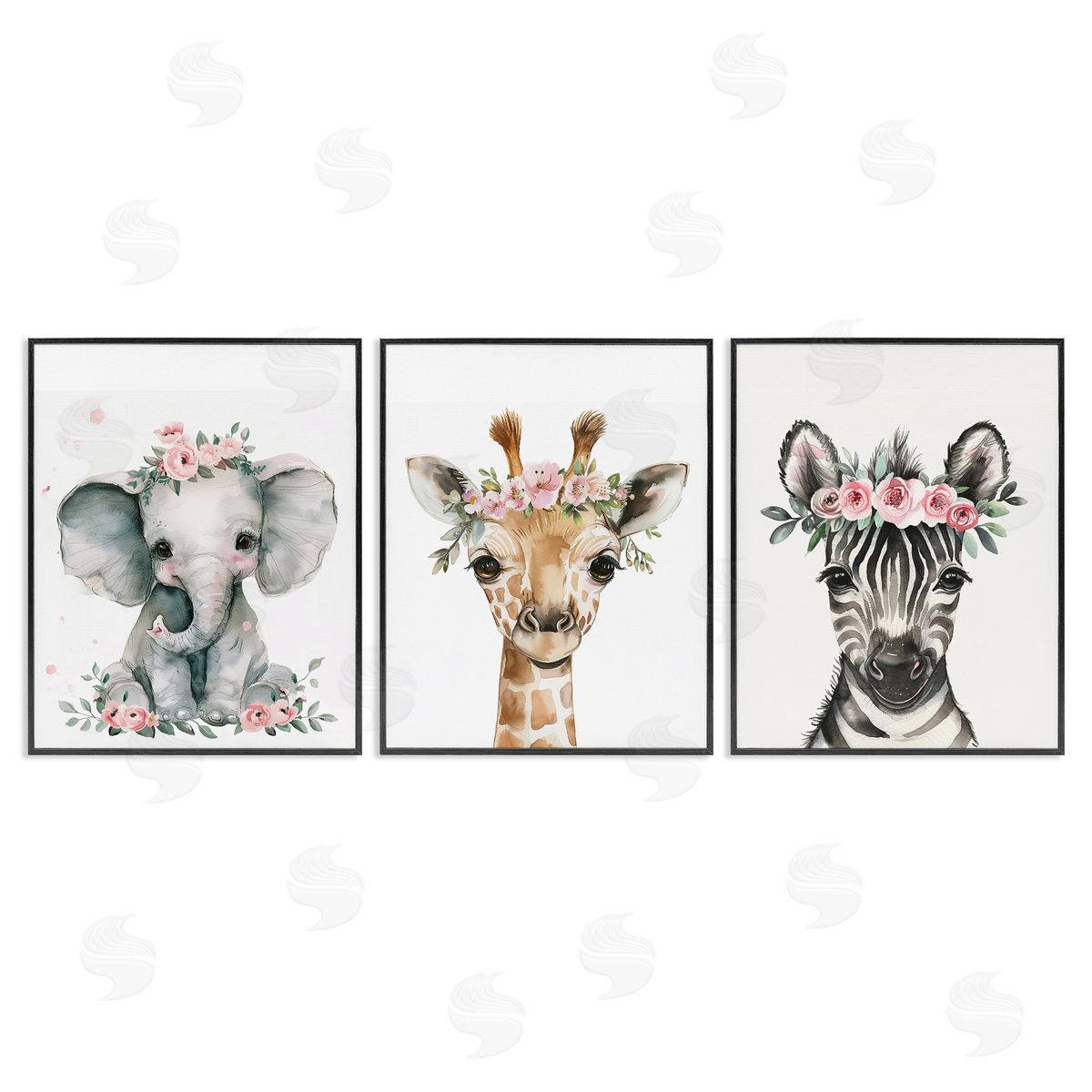 LSR Design Studio Pink Rose Jungle Animals Black Framed Giclee Wall Art Print