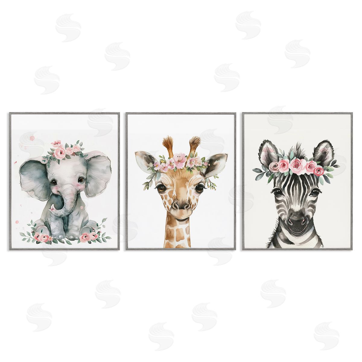 LSR Design Studio Pink Rose Jungle Animals Gray Framed Giclee Wall Art Print