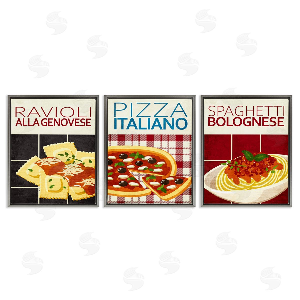 Classic Italian Pasta Meals Grey Floating Frame Canvas Wall Art, Home Decor by Kim Allen