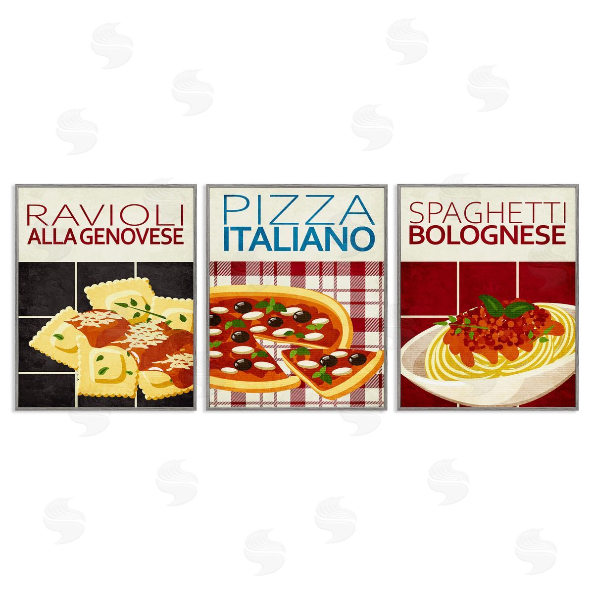 Classic Italian Pasta Meals Grey Frame Print Wall Art, Home Decor by Kim Allen