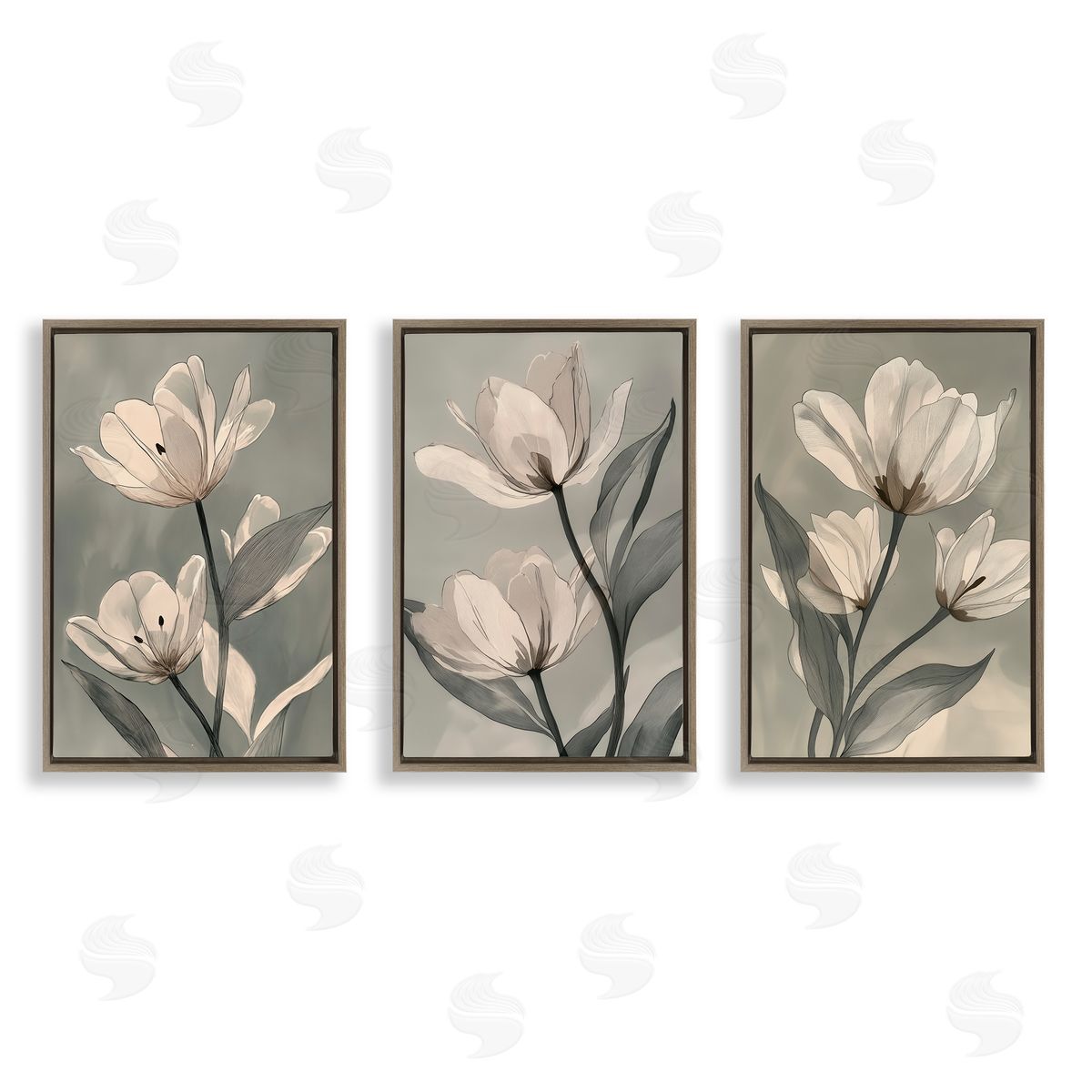 Annabelle Hall Flower Trios Portraits Brown Floating Frame Canvas Art Set