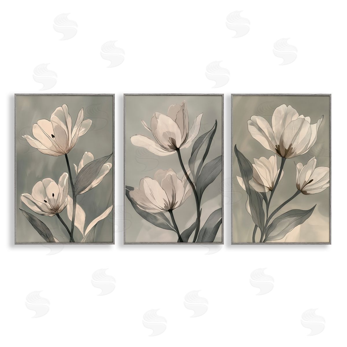Annabelle Hall Flower Trios Portraits Gray Framed Giclee Art Set