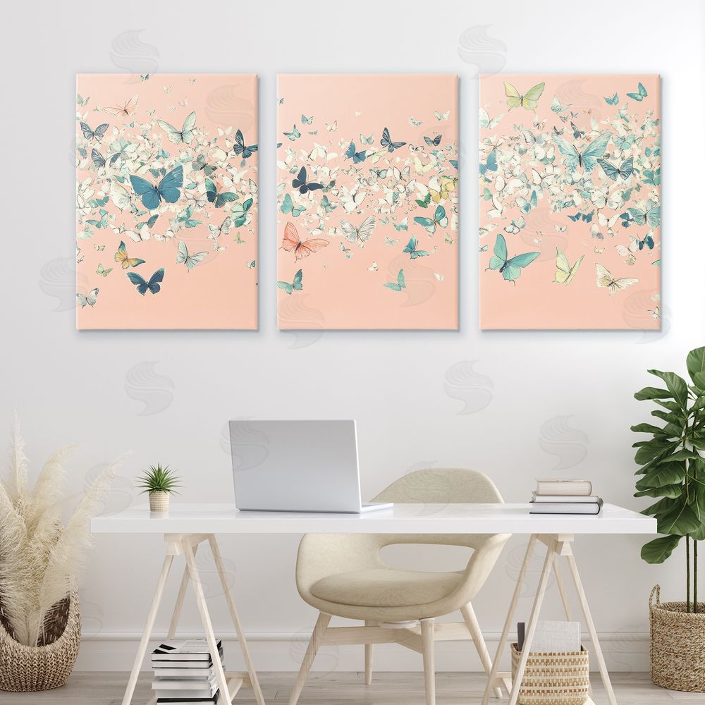 Petal Prints Design Blush Butterfly Soiree Triptych Canvas Art on Wall
