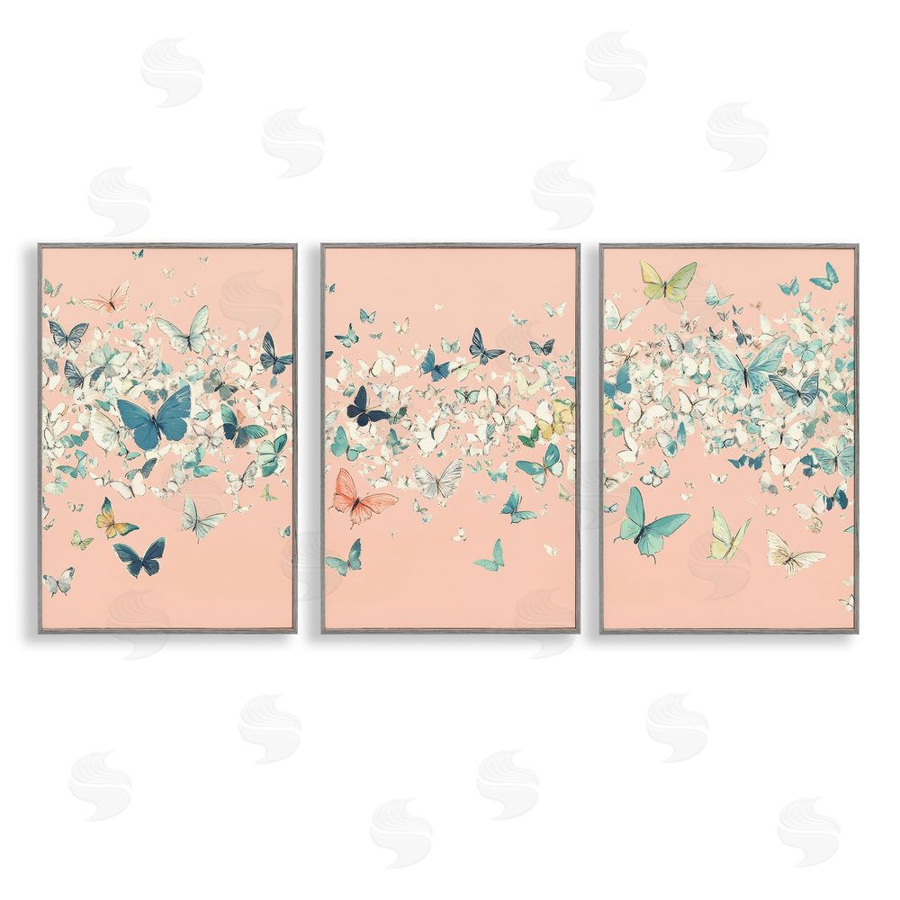 Petal Prints Design Blush Butterfly Soiree Triptych Gray Framed Giclee Wall Art Print