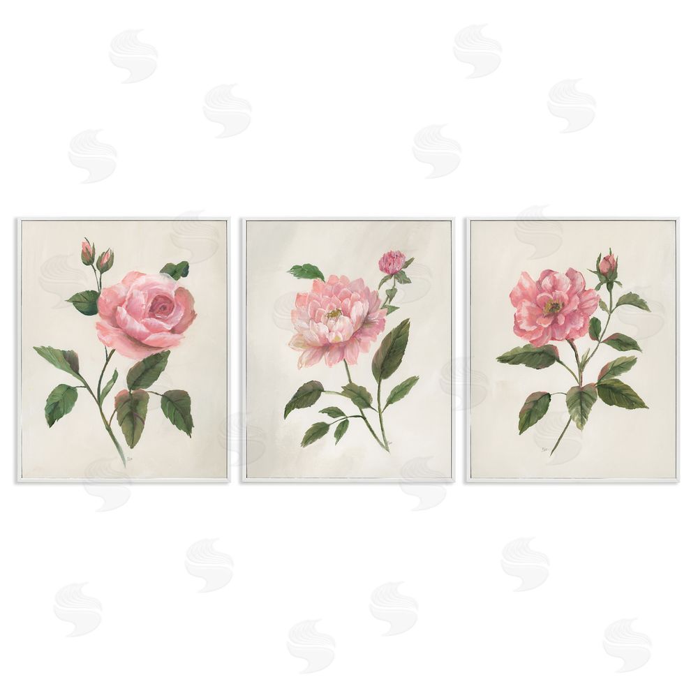 Nan Pink Rosie Rose Florals White Frame Giclee Art Set