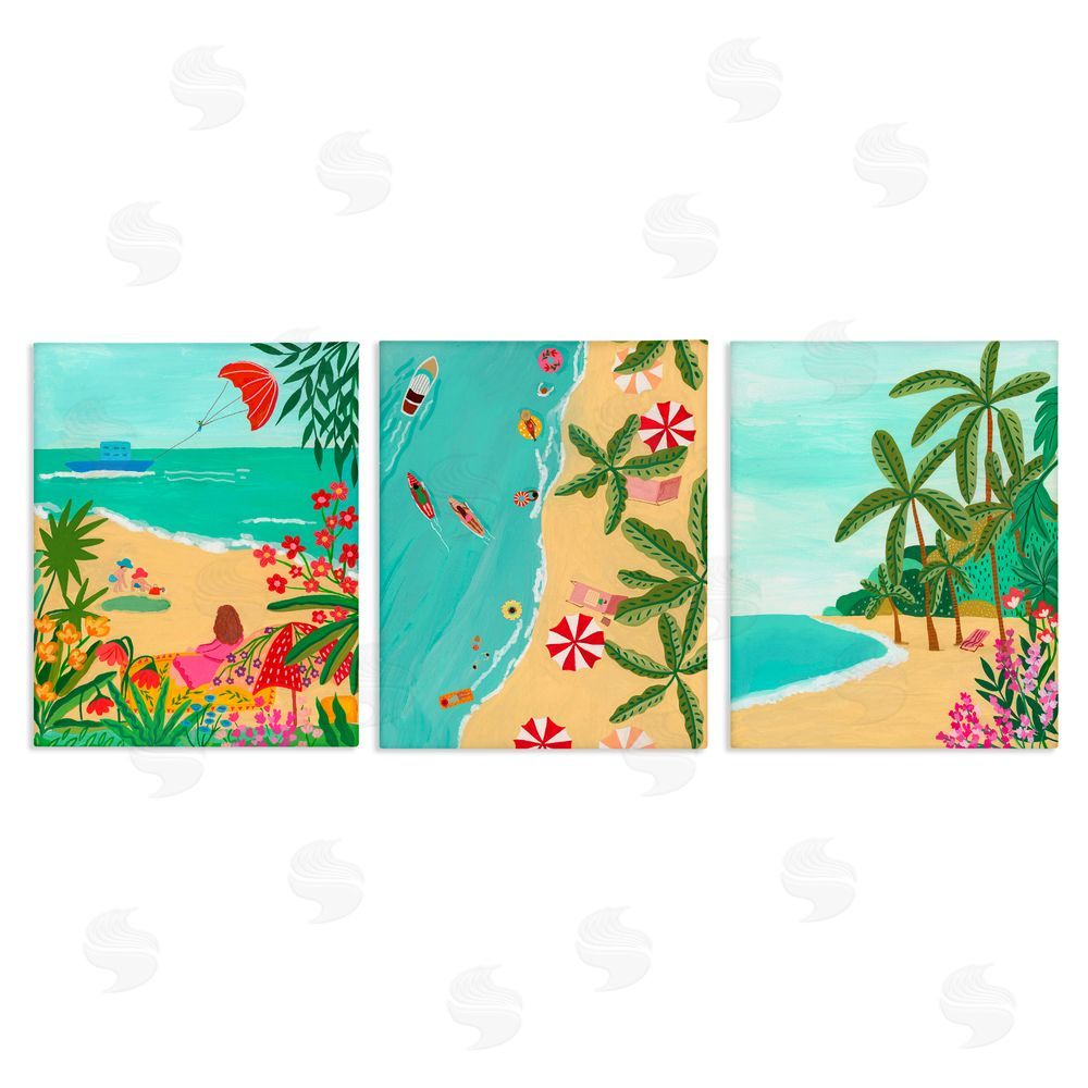 Nabeela Rumi Busy Beach And Flowers Stretched Canvas Wall Art Print