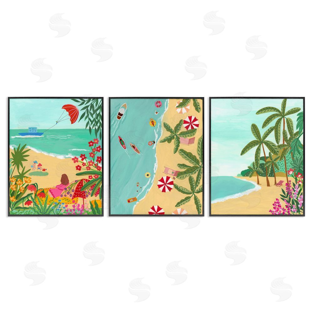 Nabeela Rumi Busy Beach And Flowers Black Framed Giclee Print Wall Art