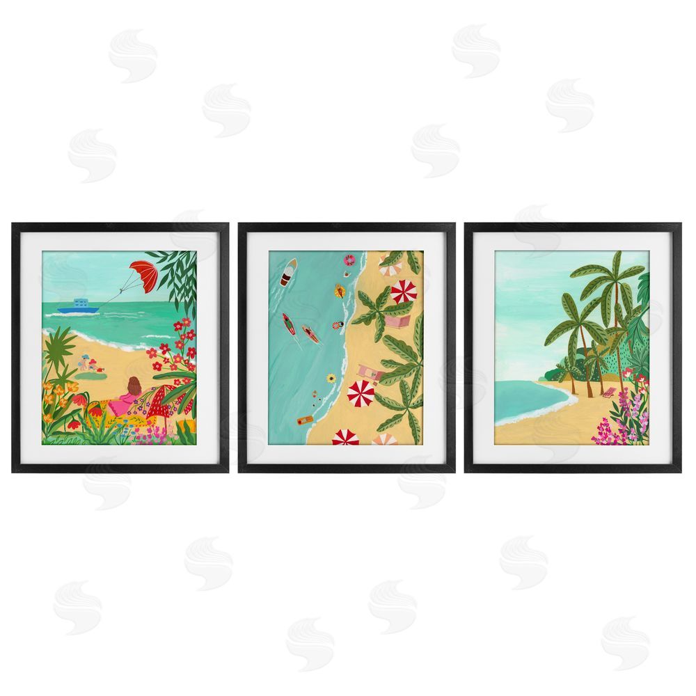 Nabeela Rumi Busy Beach And Flowers Black Framed Print Under Glass Wall Art