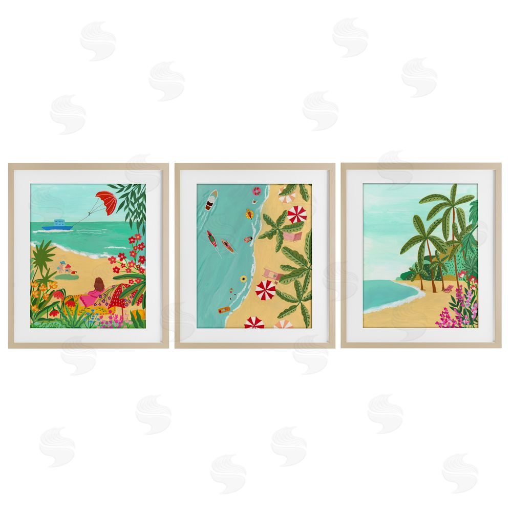 Nabeela Rumi Busy Beach And Flowers Brown Framed Print Under Glass Wall Art