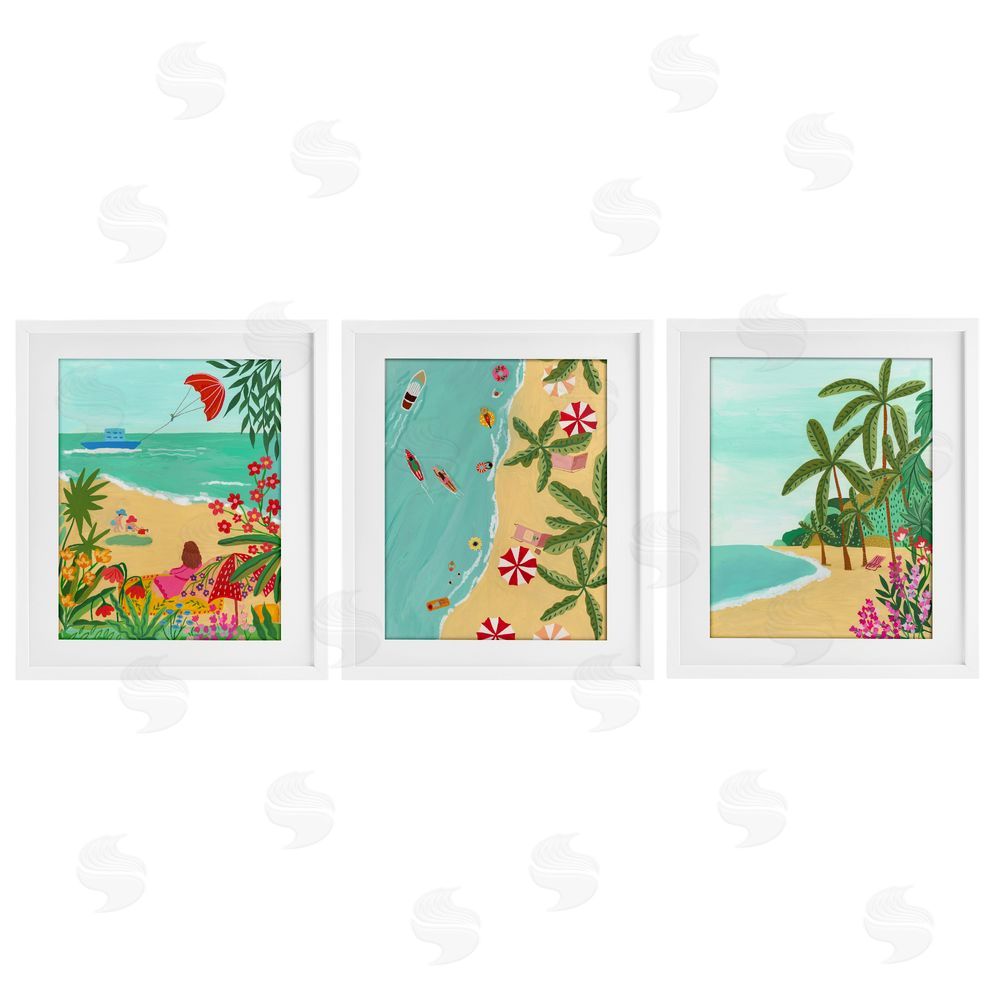 Nabeela Rumi Busy Beach And Flowers White Framed Print Under Glass Wall Art