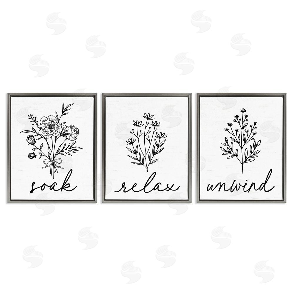Lettered and Lined Bathroom Herbs for Relaxation Gray Floating Frame Canvas Wall Art Print