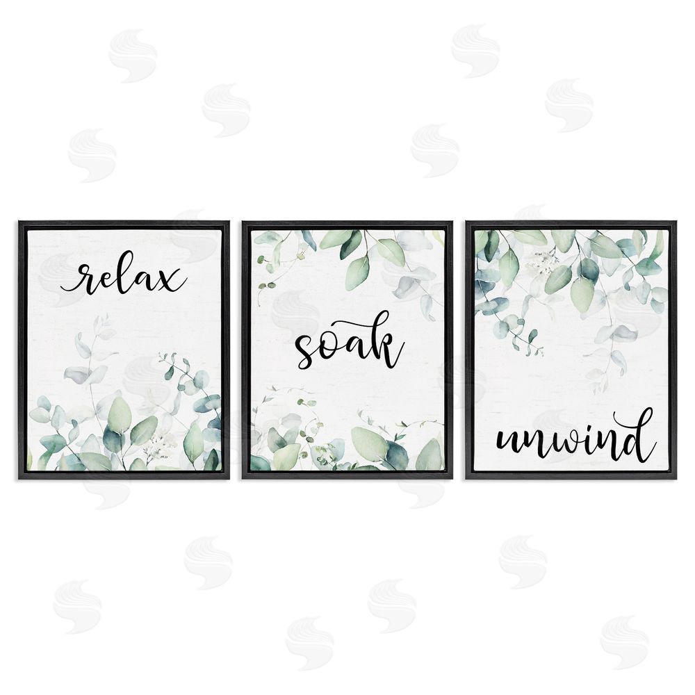 Lettered and Lined Leafy Bathroom Herbs Black Floating Frame Canvas Wall Art Print