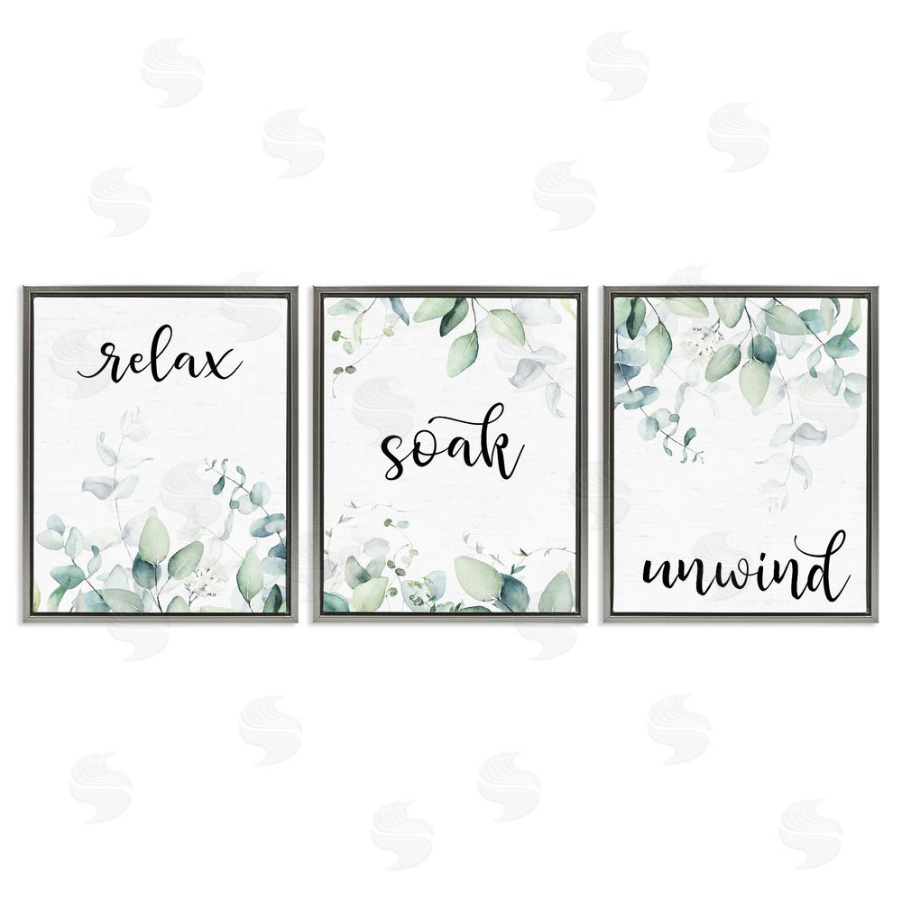 Lettered and Lined Leafy Bathroom Herbs Gray Floating Frame Canvas Wall Art Print