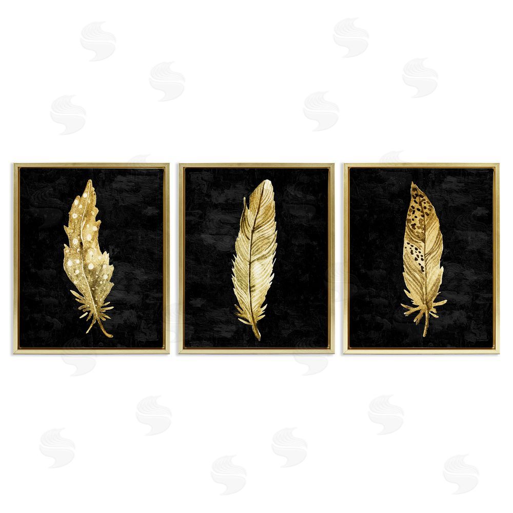 Kim Allen Black & Gold Feathers Gold Floating Frame Canvas Wall Art Print