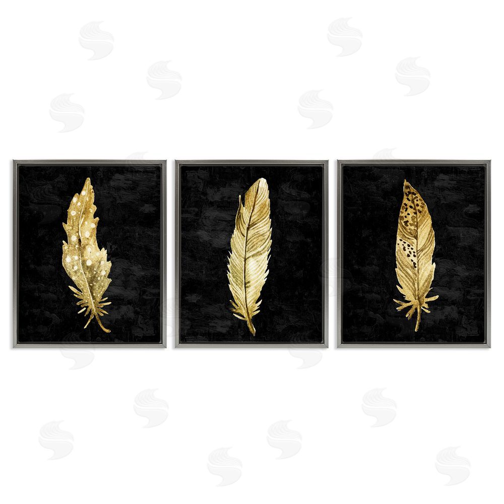 Kim Allen Black & Gold Feathers Gray Floating Frame Canvas Wall Art Print