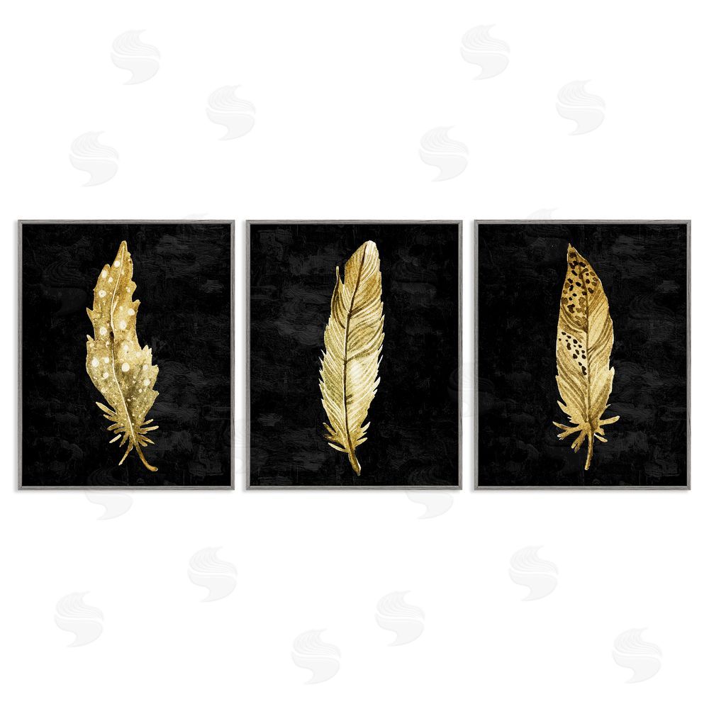 Kim Allen Black & Gold Feathers Gray Framed Giclee Print Wall Art