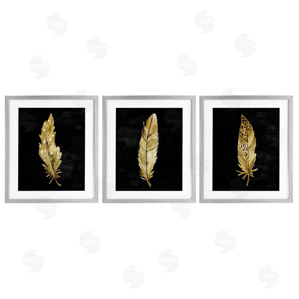Kim Allen Black & Gold Feathers Gray Framed Print Under Glass Wall Art