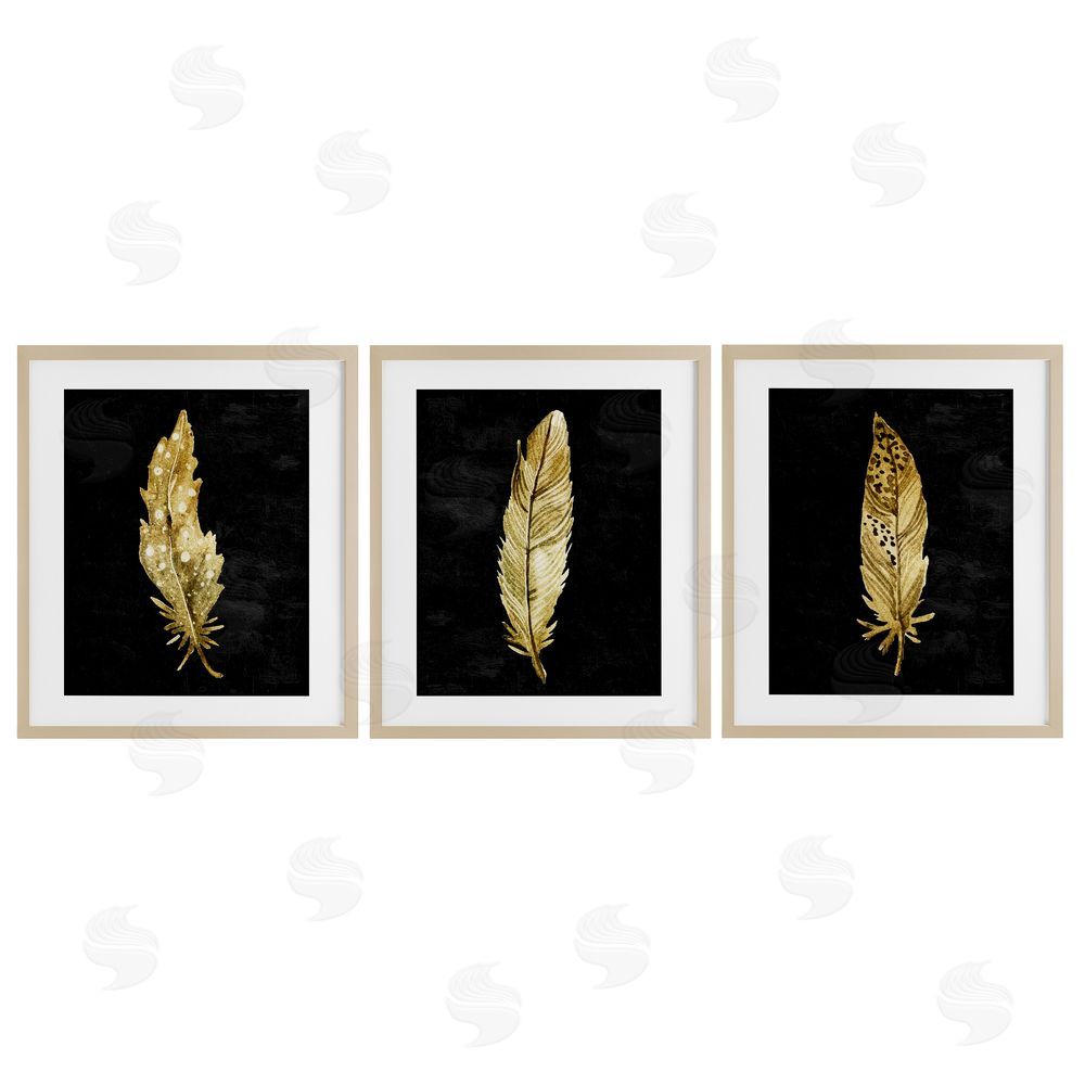Kim Allen Black & Gold Feathers Brown Framed Print Under Glass Wall Art