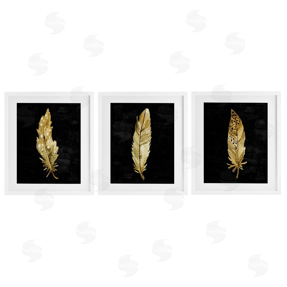 Kim Allen Black & Gold Feathers White Framed Print Under Glass Wall Art