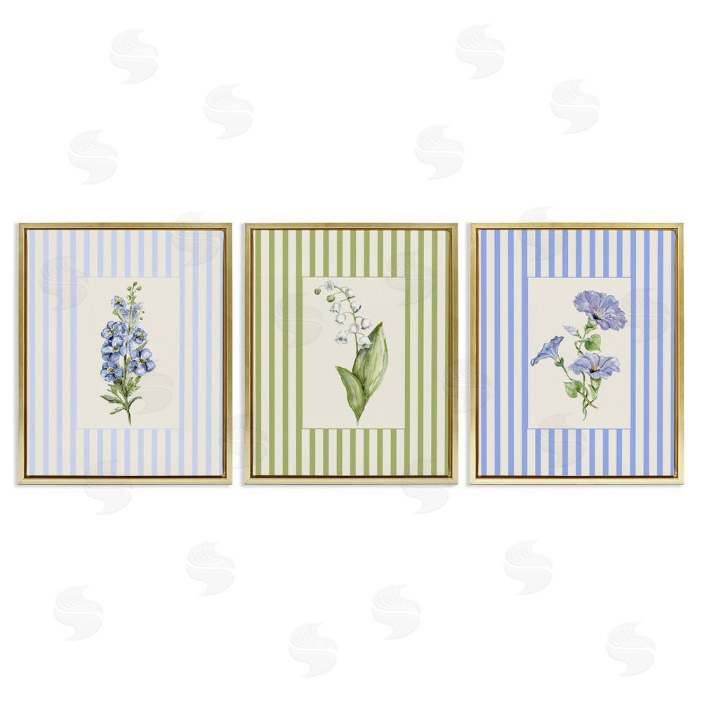 Lisa Wehmeyer Soft Stripe Cottage Blooms Gold Floating Frame Canvas Wall Art Print