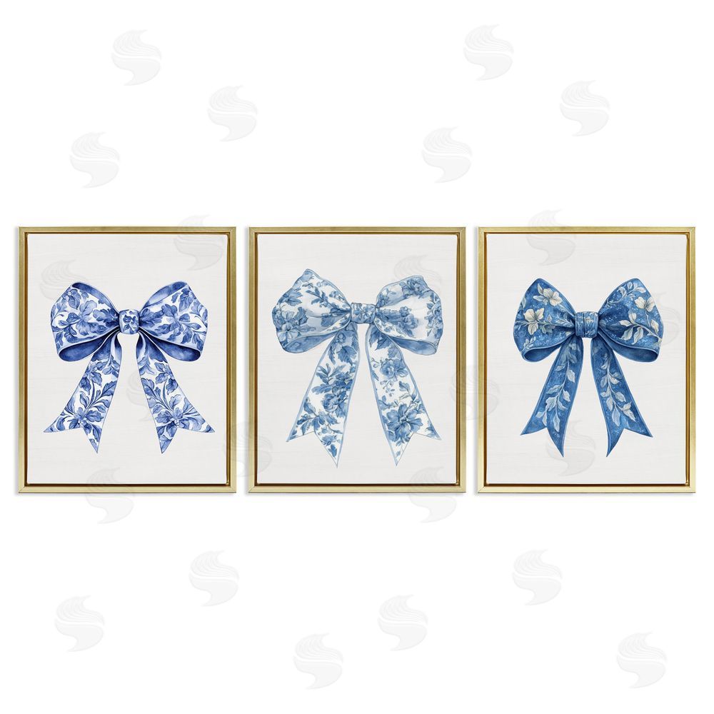 Lettered and Lined Vintage Toile Pattern Bows Gold Floating Frame Canvas Wall Art Print