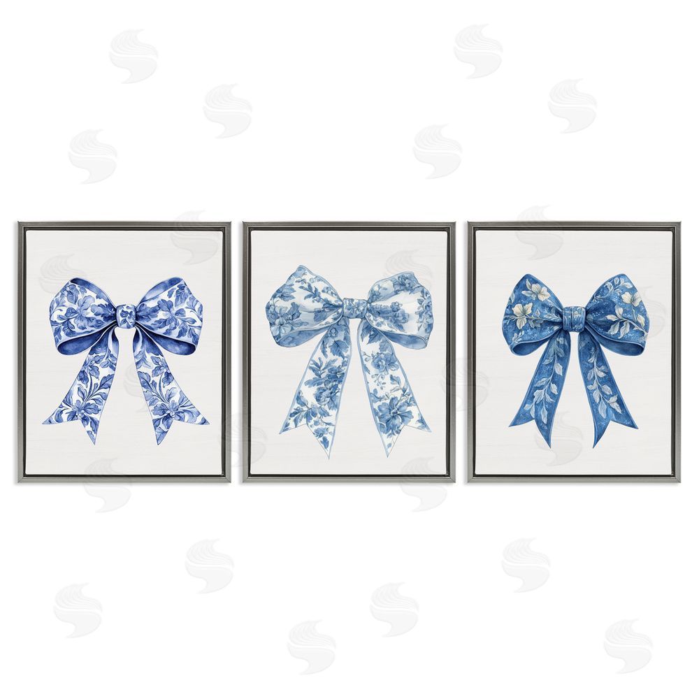 Lettered and Lined Vintage Toile Pattern Bows Gray Floating Frame Canvas Wall Art Print