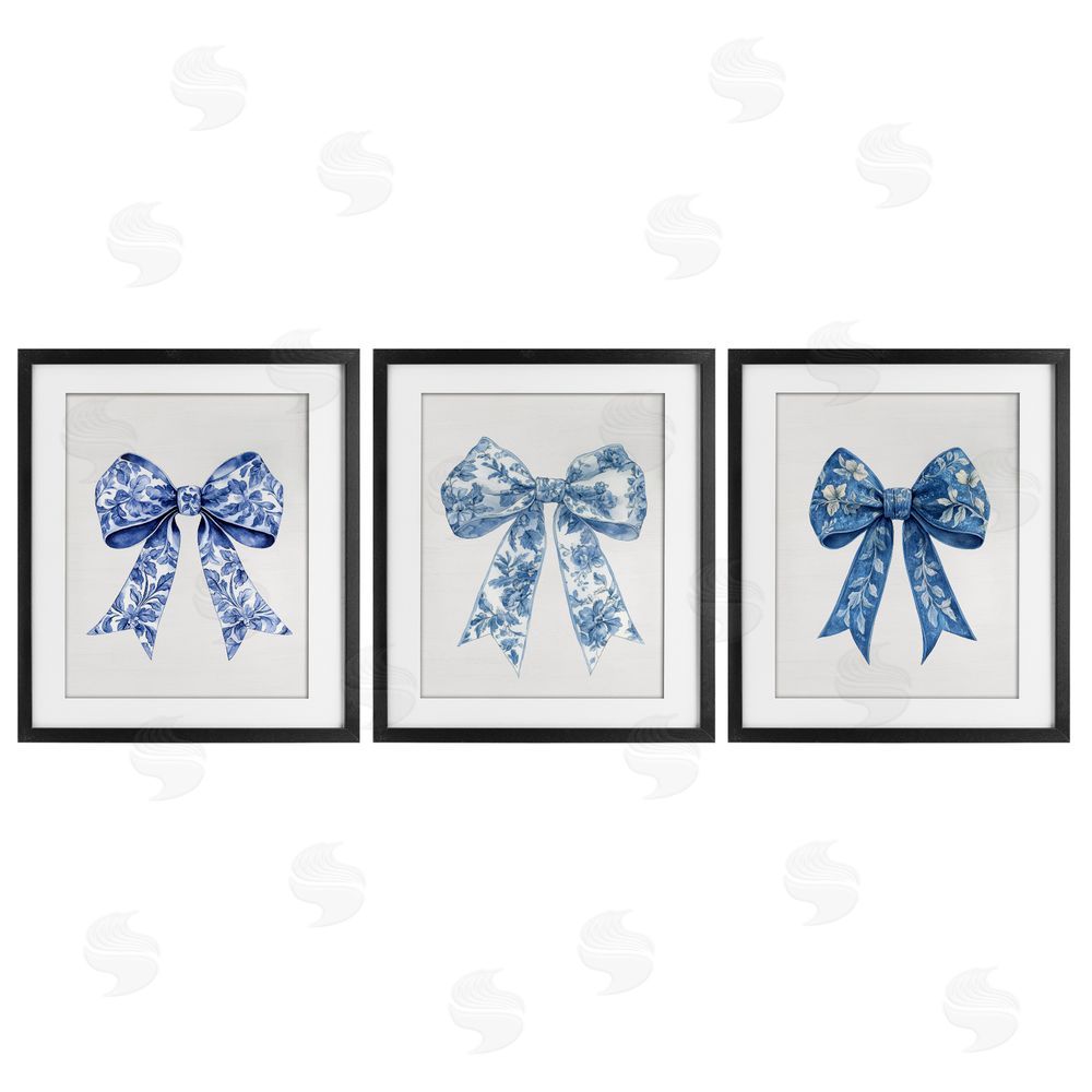 Lettered and Lined Vintage Toile Pattern Bows Black Framed Print Under Glass Wall Art