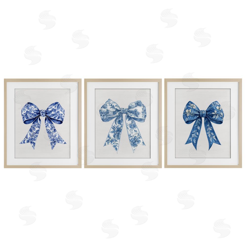 Lettered and Lined Vintage Toile Pattern Bows Brown Framed Print Under Glass Wall Art