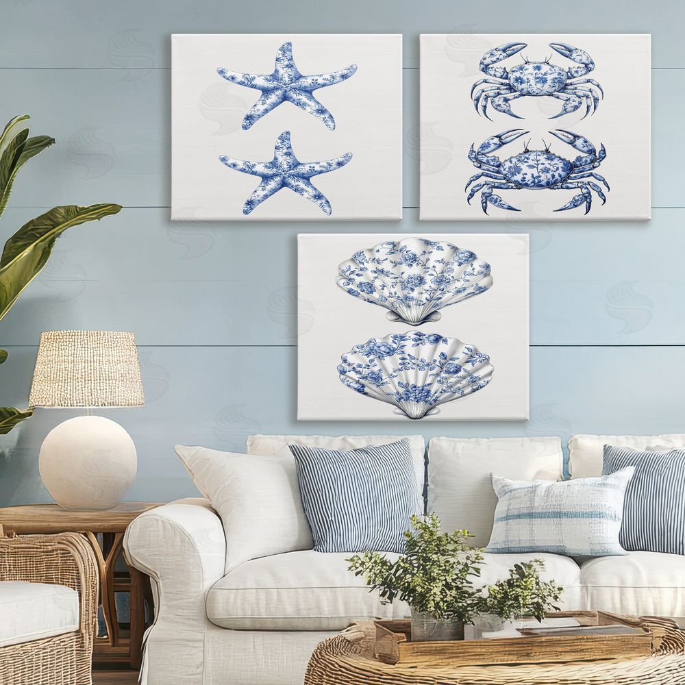 Lettered and Lined Vintage Toile Starfish & Crabs Stretched Canvas Wall Art Print in Room