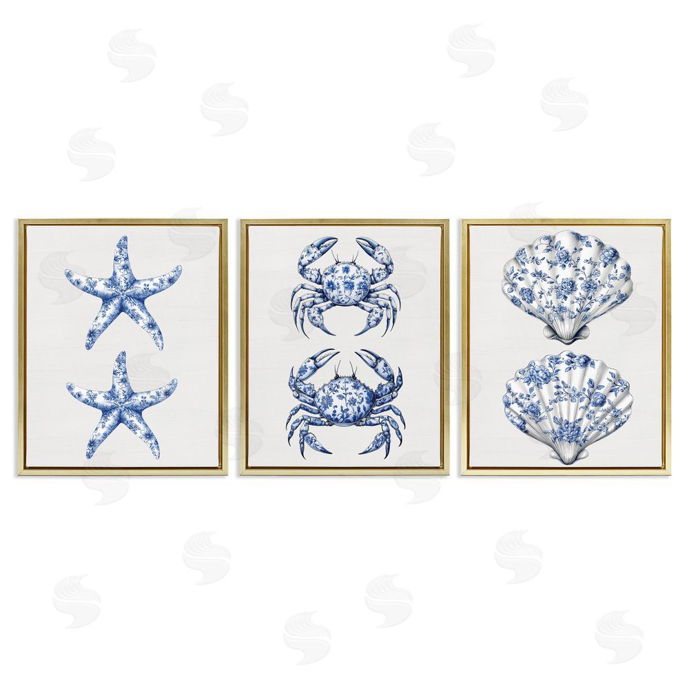 Lettered and Lined Vintage Toile Starfish & Crabs Gold Floating Frame Canvas Wall Art Print
