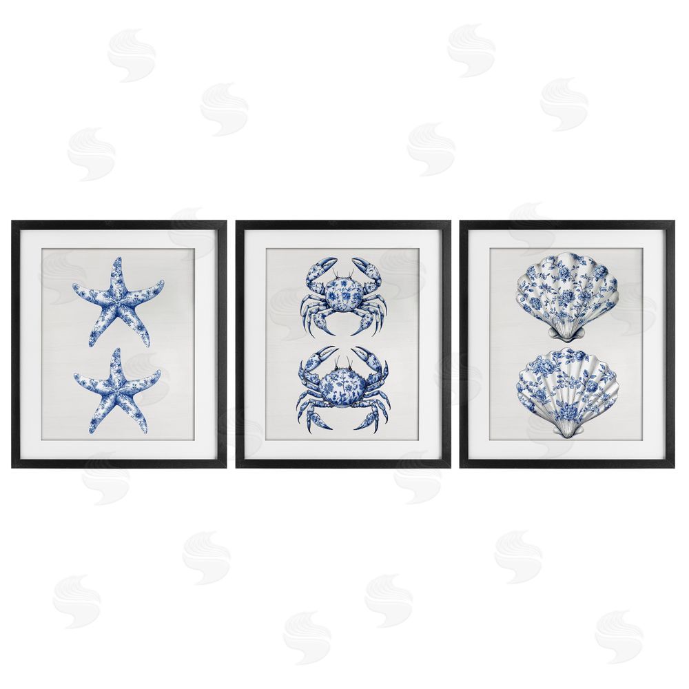 Lettered and Lined Vintage Toile Starfish & Crabs Black Framed Print Under Glass Wall Art