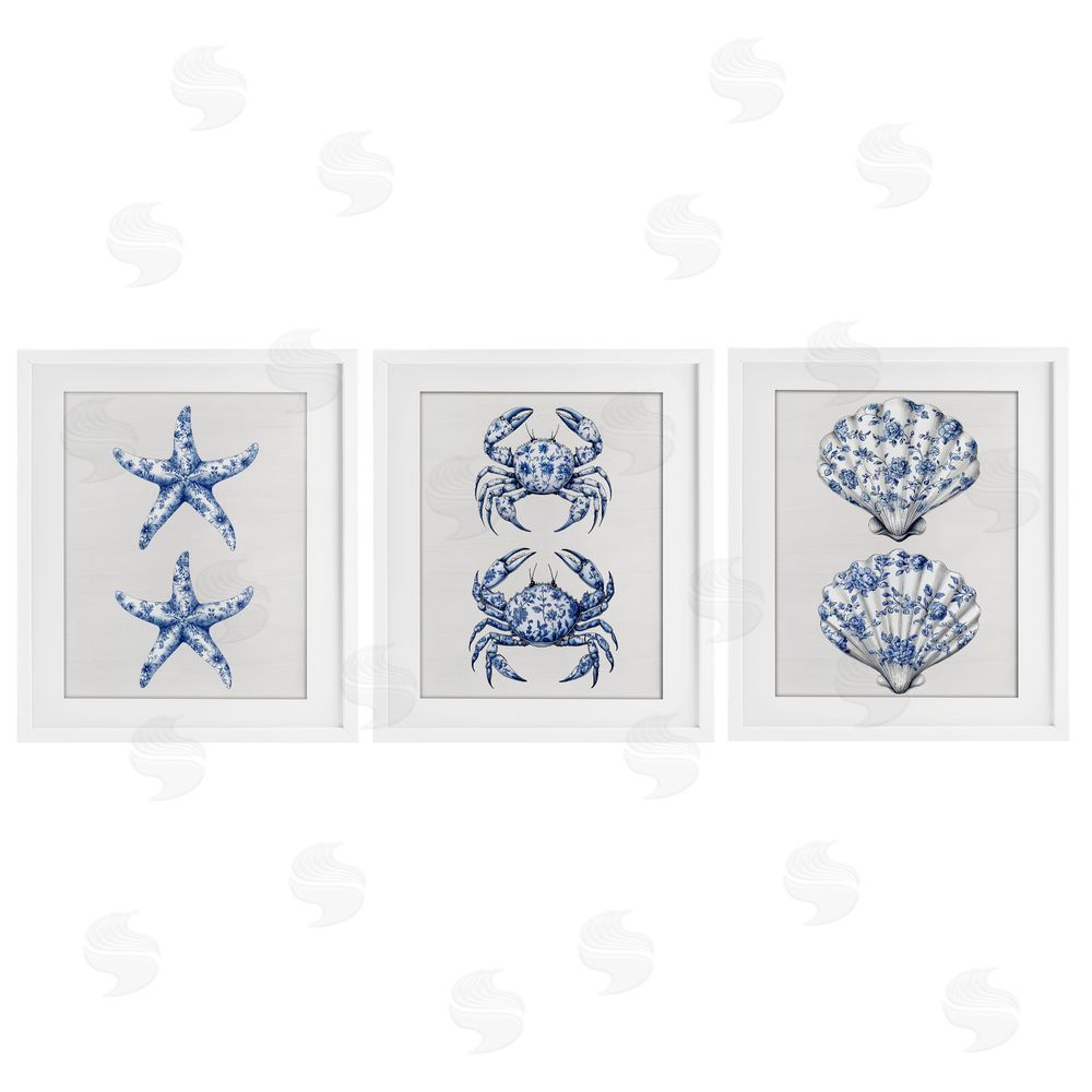 Lettered and Lined Vintage Toile Starfish & Crabs White Framed Print Under Glass Wall Art