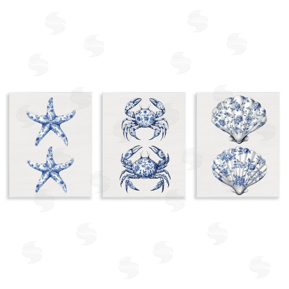 Lettered and Lined Vintage Toile Starfish & Crabs Wooden Wall Plaque Art Print