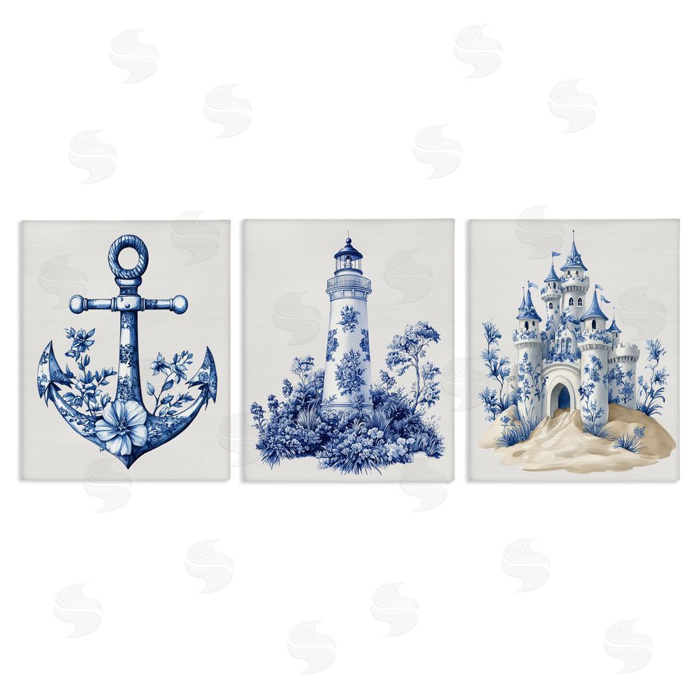 Lettered and Lined Ornate Nautical Toile Patterns Stretched Canvas Wall Art Print