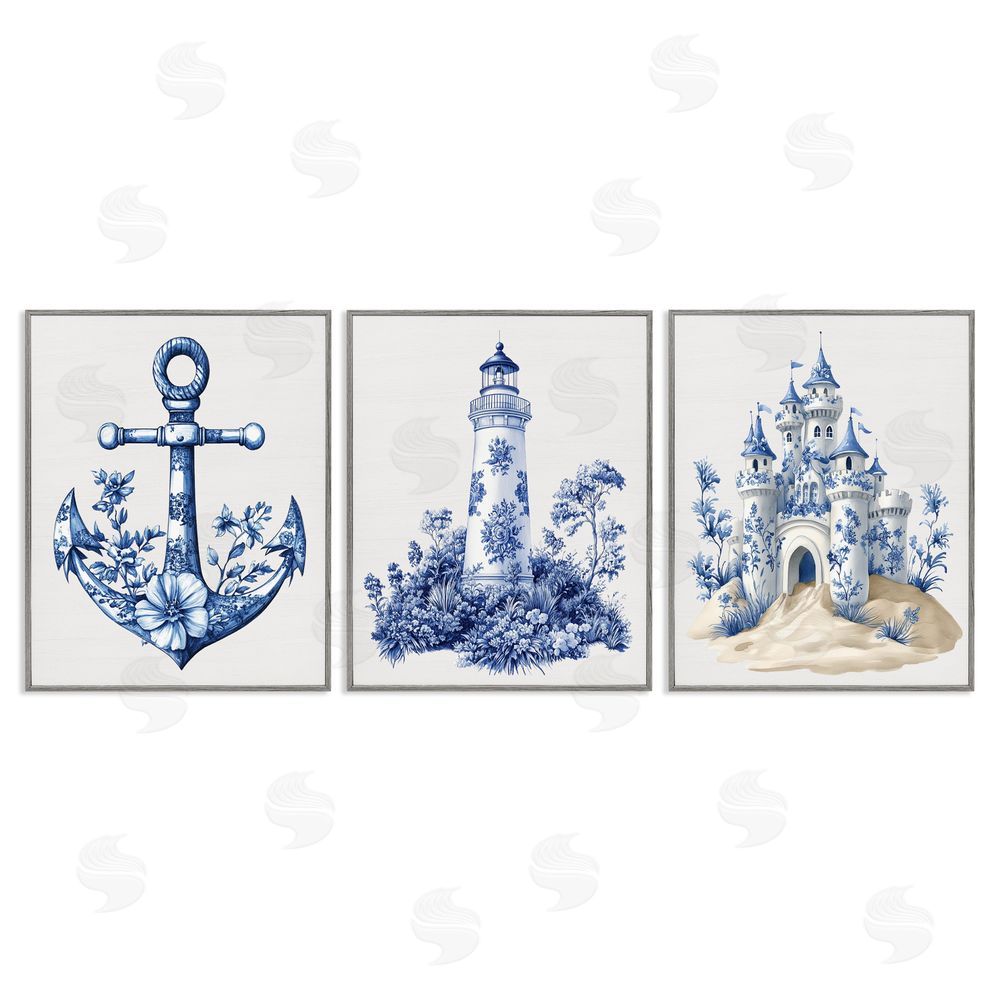 Lettered and Lined Ornate Nautical Toile Patterns Gray Framed Giclee Print Wall Art